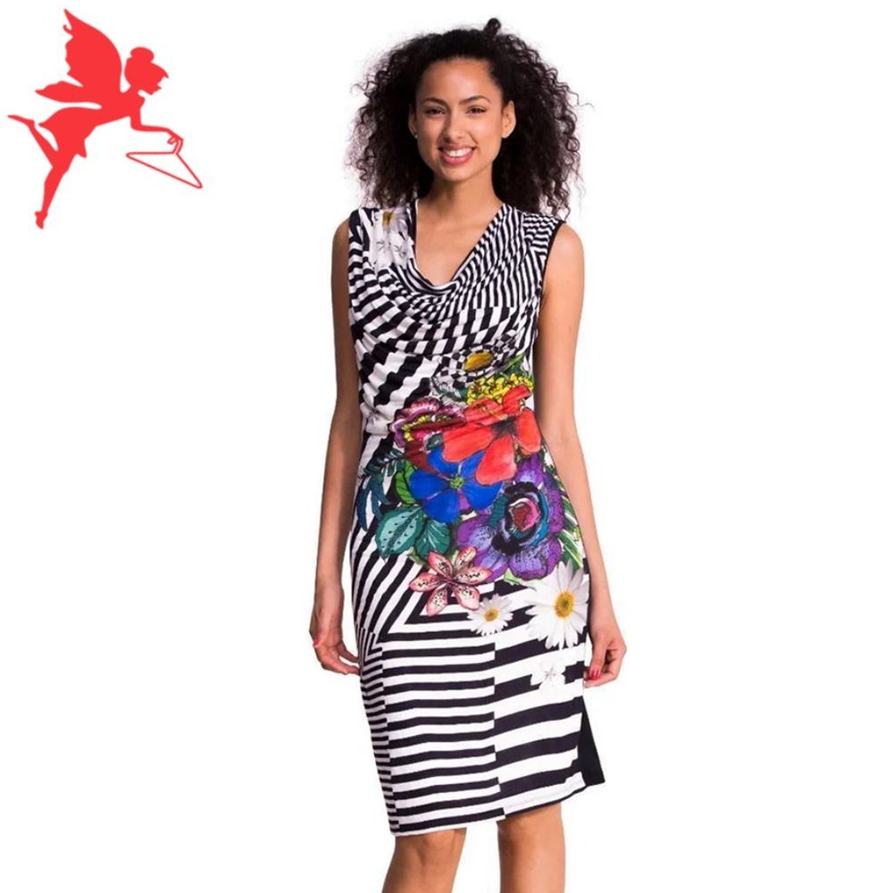 DESIGUAL Sara Sleeveless Cowl Neck Ruched Stripe and Floral Dress